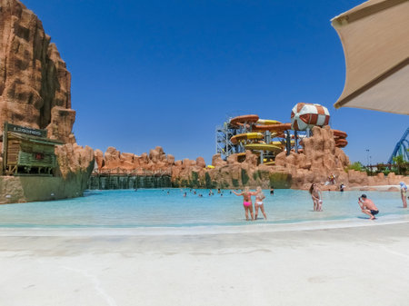 Belek, Antalya, Turkey - May 15, 2021: The Land of Legends theme park in Belek. Wave shock pool with artificial wavesのeditorial素材