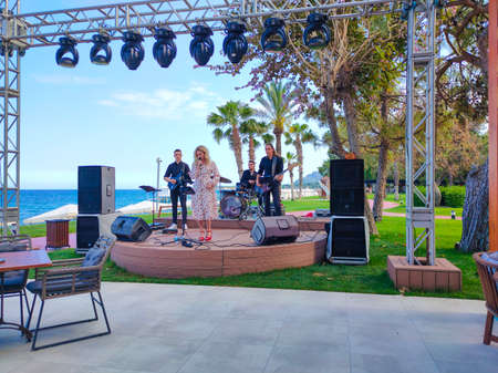 Beldibi, Kemer, Antalya, Turkey - May 11, 2021: The view of Rixos Beldibi hotel 5 stars at Beldibi, Kemer, Antalya, Turkey on May 11, 2021. Outdoor restaurantのeditorial素材