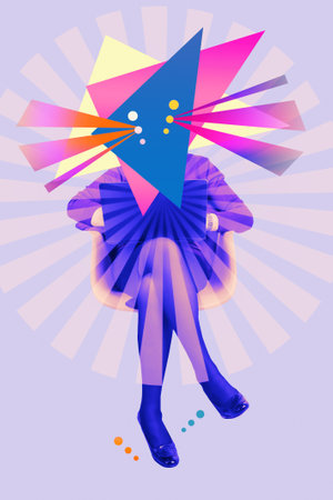 Funny buisness woman with statue head sitting with laptop on color abstract background. Art collageの写真素材