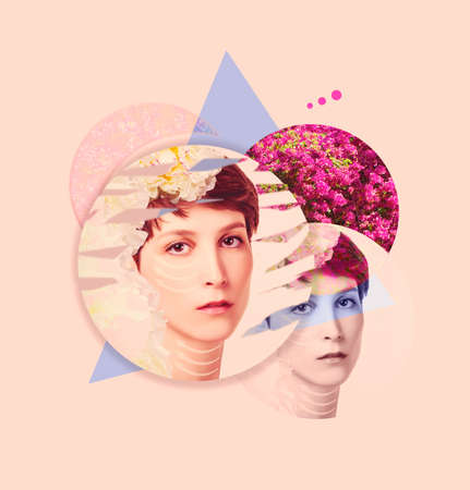 The lifting, skin, plastic surgery concept. Woman face with marks and arrows. Art design. Short...