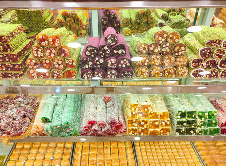 Variety of Turkish traditional lokum from Pomegranate juice. Middle East typical dessert and Turkish delightのeditorial素材