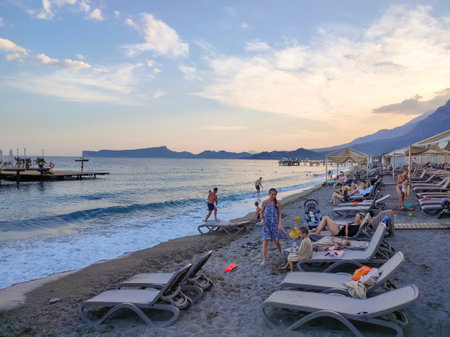 Goynuk, Antalya, Turkey - May 11, 2021: Beach on the Mediterranean coast in town Goynuk near Kemer, Antalia riviera, Turkey.のeditorial素材