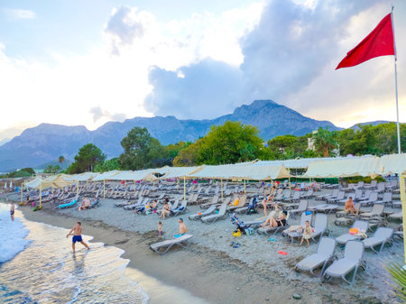 Goynuk, Antalya, Turkey - May 11, 2021: Beach on the Mediterranean coast in town Goynuk near Kemer, Antalia riviera, Turkey.のeditorial素材