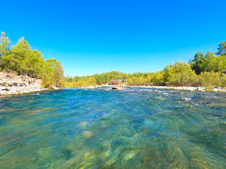 Koprulu Canyon, Antalya, Turkey - September 15, 2021: People at water rafting at Kopryuchay River in Koprulu Canyon, Turkey. Kopryuchay River and Manavgat River is most popular rafters in Turkeyのeditorial素材