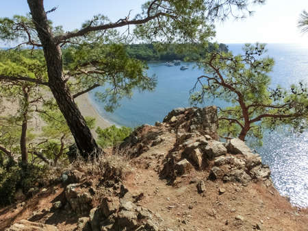 View of the stone beach at the site of the ancient Lycian city of Phaselis. Historic site. Place for...