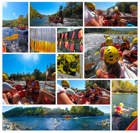 Collage about water rafting on r Kopryuchay river in Koprulu canyon, Turkey. Kopryuchay river and Manavgat river is most popular rafters in Turkeyの写真素材