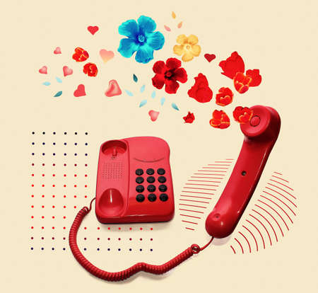 Art collage about retro phone receiver with various fresh flowers on pastel background. Creative or love or like concept with copy space.の写真素材