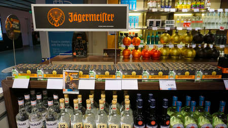 Dortmund, Germany - December 28, 2021: Bottle of Jagermeister, German digestif made with 56 herbs and spices, the flagship product of Mast-Jagermeister SEのeditorial素材