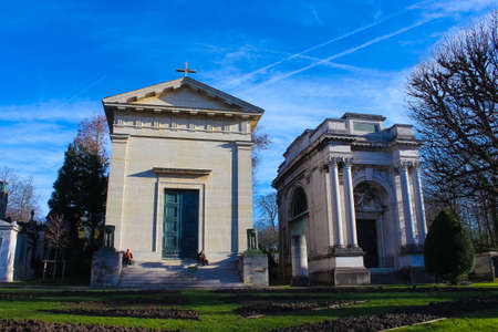 Paris, France - January 01, 2022: Graves and crypts in Pere Lachaise Cemetery, This cemetery is the final resting place for many famous people.のeditorial素材