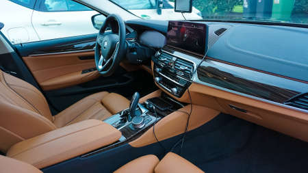 Dortmund, Germany - December 28, 2021: Interior of the luxury motor car BMW 520d at Dortmund, Germany on December 28, 2021のeditorial素材
