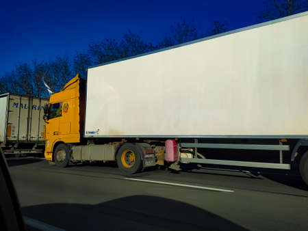 Dortmund, Germany - December 28, 2021: Truck on the freeway to Frankfurt at Dortmund, Germany on December 28, 2021のeditorial素材
