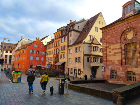 Strasbourg, Alsace, France - December 30, 2021: People going at central of Strasbourg at Alsace, France on December 30, 2021のeditorial素材