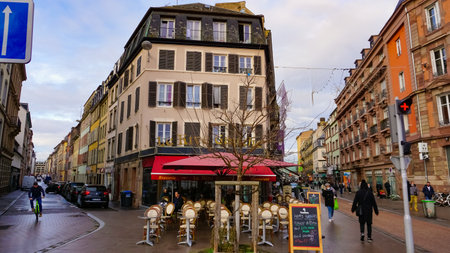 Strasbourg, Alsace, France - December 30, 2021: People going to downtown area of Strasbourg at Alsace, France on December 30, 2021のeditorial素材