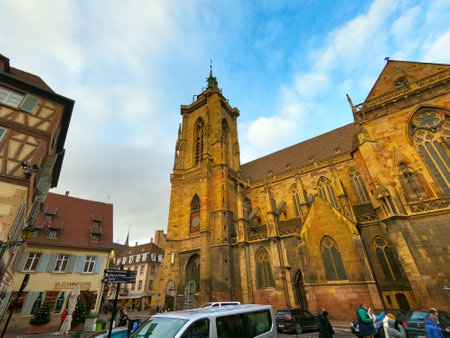 Colmar, France - December 30, 2021: Beautiful church tower of cathedral in French city of colmar. Alsace church buildingのeditorial素材