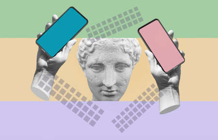 Fashion collage in magazine and pop art style. Statue holding modern blank frameless screen smartphone in a palm.の写真素材