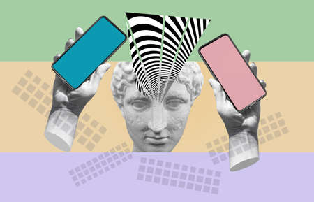 Fashion collage in magazine and pop art style. Statue holding modern blank frameless screen smartphone in a palm.の写真素材