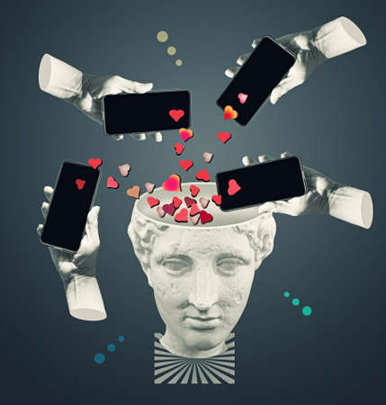 Modern gadget and classic statue. Hands aesthetic on bright background, artwork. Concept of human...