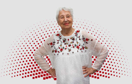 Old smiling woman with happy expression on her face on art studio background. human emotions...