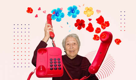 Art collage about happy senior woman talking by vintage phone. creative designの写真素材