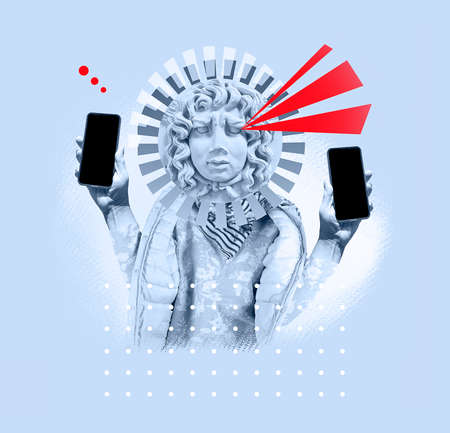 Fashion collage in magazine and pop art style. Statue holding modern blank frameless screen smartphone in a palm.の写真素材