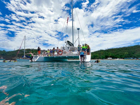 St. Thomas, USVI - May 4, 2022: The people at snorkeling underwater and fishing tour by boat at the...