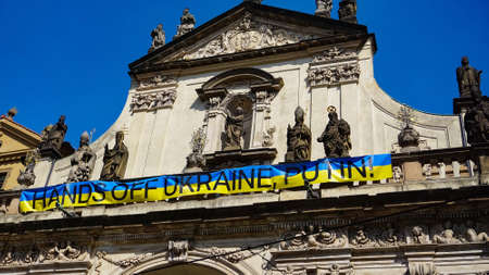 Prague, Czech republic, Europe - May 10, 2022 - Stand with Ukraine protest in central Prague. Banner...