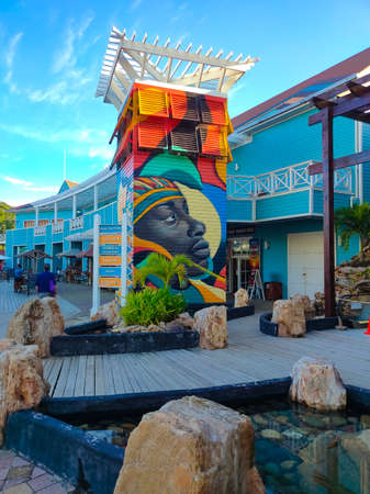 Roatan, Honduras - April 26, 2022: Shop area at port and town center of Coxen holeのeditorial素材