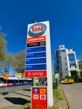 Frankfurt am Main, Germany - April 19, 2022: Price tag of gasoline and diesel prices. Fuel refueling at ESSO gas station.のeditorial素材