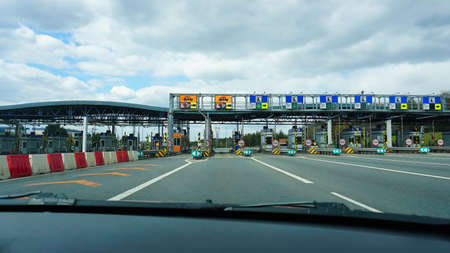Myslovice, Poland - April 17, 2022: automatic point of payment on a toll road. turnpikeのeditorial素材