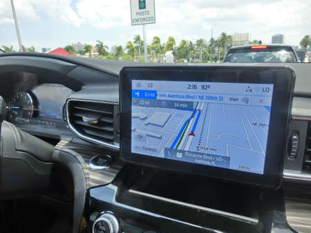 Miami, USA - May 07, 2022: Ford Explorer car dashboard and navigation system