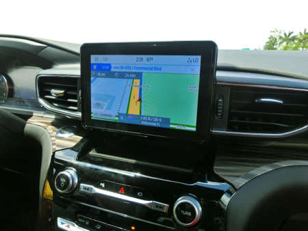 Miami, USA - May 07, 2022: Ford Explorer car dashboard and navigation system