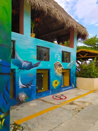 Cozumel, Mexico - May 04, 2022: Street view at day with cars shop windows in Cozumel, Mexico. Today the island is one of the Mexican most top tourist destinations.のeditorial素材