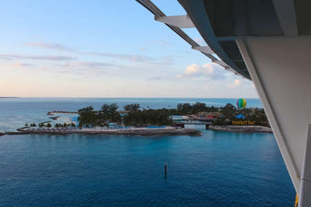 Coco Cay, Bahamas - April 29, 2021: An aerial view of Cococay, the private island post that's owned by the Royal Caribbean cruise line where guests can spend the day having fun.のeditorial素材