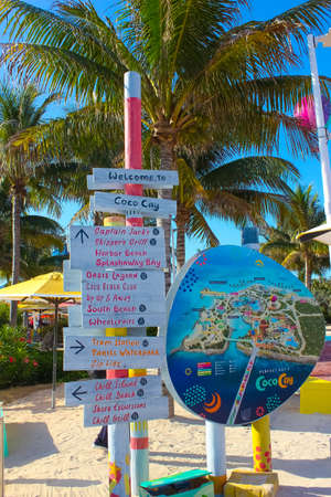 Coco Cay, Bahamas - April 29, 2022: The welcome sign or map of Cococay, the island at Bahamas, where guests can spend the day having fun.のeditorial素材