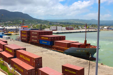 Puerto Plata, Dominican Republic - May 4, 2022: Big construction ship with cranes in the old...
