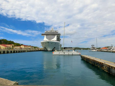 St. Thomas, USVI - May 4, 2022: MSC Seashore cruise ship docked at tropical island St. Thomas, USVI during Caribbean voyageのeditorial素材