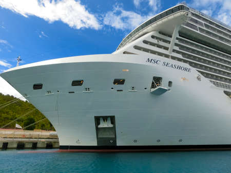 St. Thomas, USVI - May 4, 2022: MSC Seashore cruise ship docked at tropical island St. Thomas, USVI...