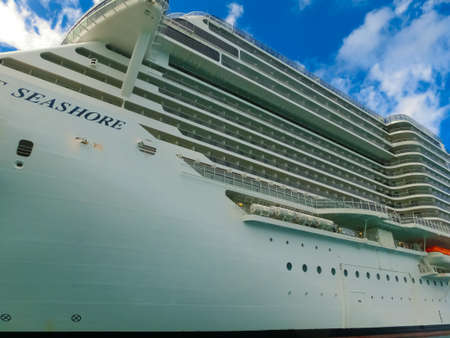 St. Thomas, USVI - May 4, 2022: MSC Seashore cruise ship docked at tropical island St. Thomas, USVI...