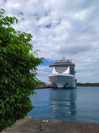 St. Thomas, USVI - May 4, 2022: MSC Seashore cruise ship docked at tropical island St. Thomas, USVI during Caribbean voyageのeditorial素材