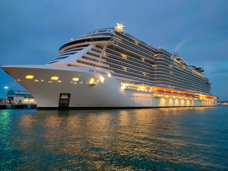 San Juan, Puerto Rico - May 02, 2022: MSC Seashore cruise ship docked at tropical port at San Juan, Puerto Ricoのeditorial素材