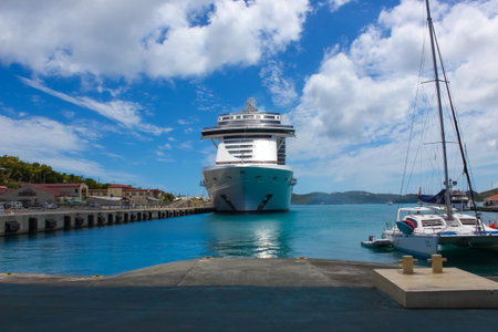 St. Thomas, USVI - May 4, 2022: MSC Seashore cruise ship docked at tropical island St. Thomas, USVI during Caribbean voyageのeditorial素材