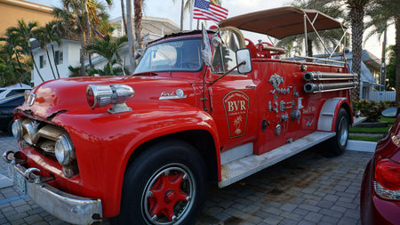 Lauderdale-by-the-Sea, USA - May 09, 2022: Red Ford Big Job F800 fire truck. Lauderdale by the Sea...