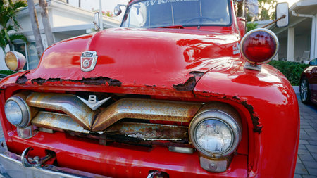 Lauderdale-by-the-Sea, USA - May 09, 2022: Red Ford Big Job F800 fire truck. Lauderdale by the Sea...