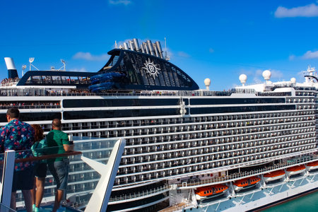 Miami, USA - April 29, 2022: MSC Seashore cruise ship prepares for departure from Miami to a...