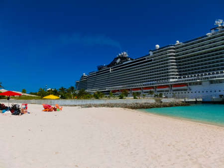 Ocean Cay, Bahamas - April 29, 2022: MSC Seashore cruise ship docked at tropical island Ocean Cay,...