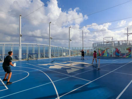 Miami, USA - April 29, 2022: The people playing at upper deck with mini basketball court at cruise liner or ship Symphony of the Seas by Royal Caribbeanのeditorial素材