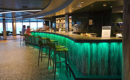 Miami, USA - April 29, 2022: Interior of the bar at Atrium in the at new cruise ship or new flagship of MSC Seashore, the largest cruise ship built in Italy.のeditorial素材