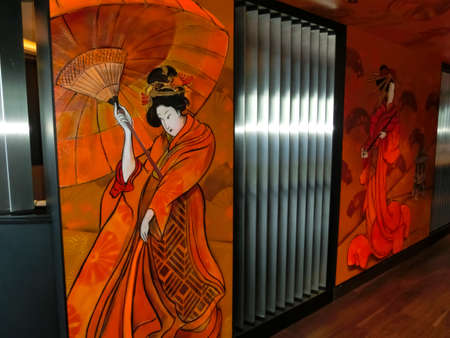 Miami, USA - April 29, 2022: The Japanese restaurant or sushi bar on board new cruise ship or new flagship of MSC Seashore, the largest cruise ship built in Italy.のeditorial素材