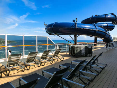 Puerto Plata, Dominican Republic - May 4, 2022: The water park slides and pool area on the new cruise ship or new flagship of MSC Seashore, the largest cruise ship built in Italy.のeditorial素材