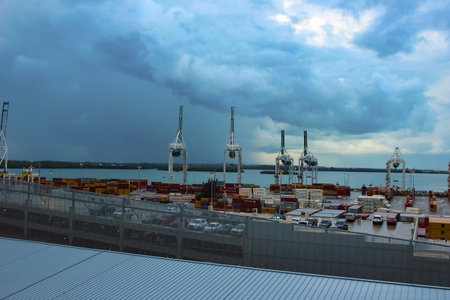 Miami, USA - April 23, 2022: Many containers at Port Miami, one of the largest cargo ports in the US.のeditorial素材